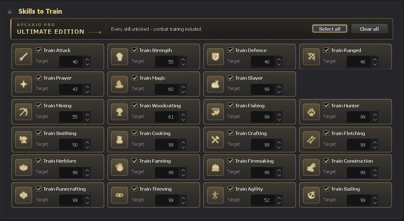 ApexAIO Pro GUI - Core tab showing skill training options, session length, training budget, and seeded stopping conditions