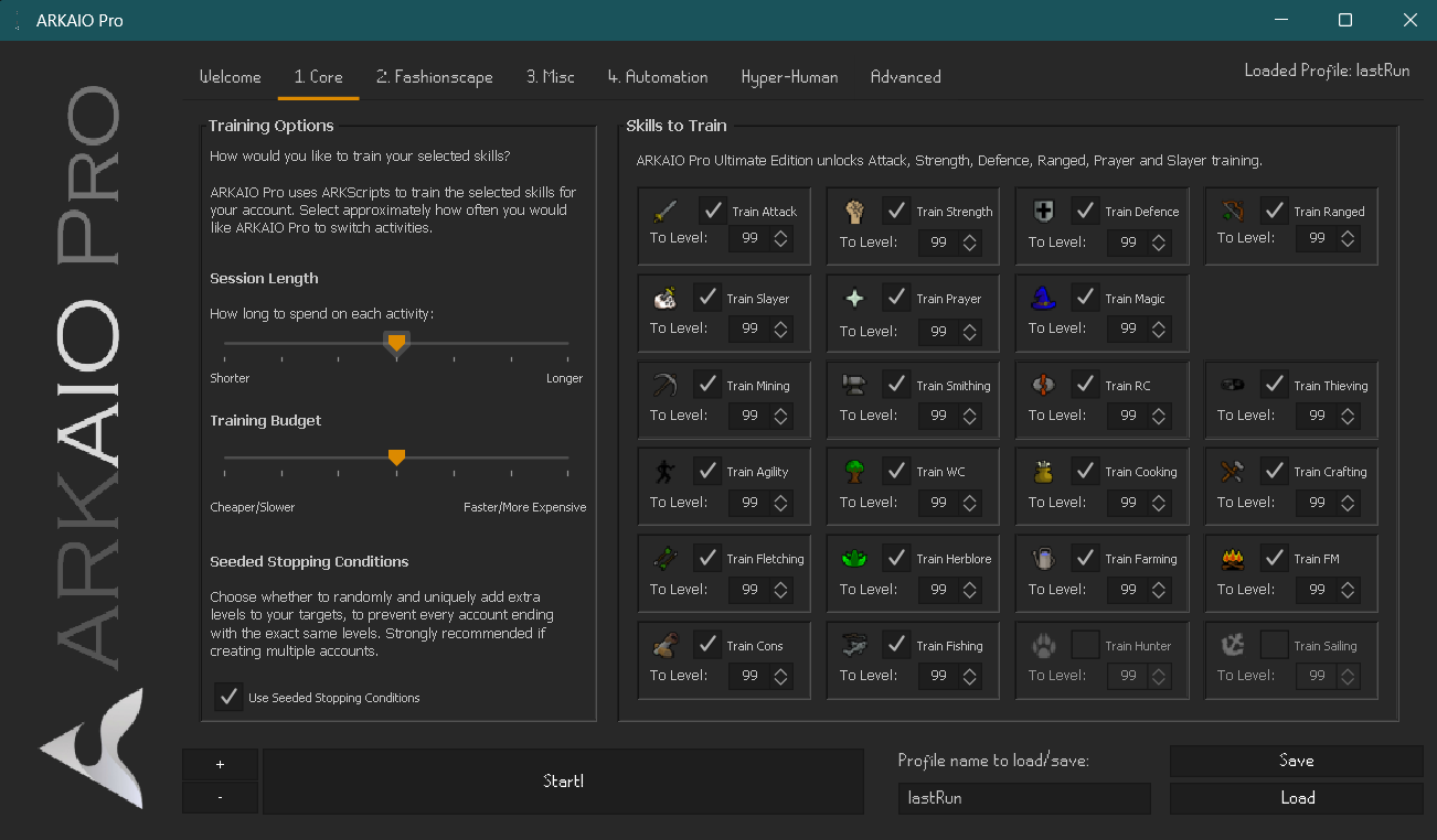 ARKAIO Pro GUI — Core tab showing skill training options, session length, training budget, and seeded stopping conditions