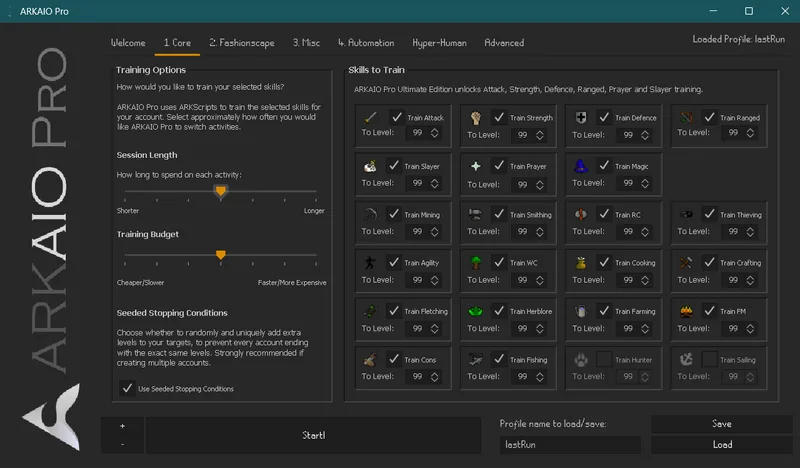 ARKAIO Pro GUI — Core tab showing skill training options, session length, training budget, and seeded stopping conditions