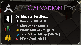 ARKCalvar'ion Pro — 9 hour run, 243 kills, 47m profit (4.7m GP/hour), 10 PKers avoided
