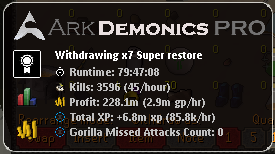 ARKDemonics Pro — 79 hour run, 3,596 kills, 228.1m profit, 0 missed prayer switches