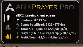 ARKPrayer Pro — 7 hour run, 81 Prayer, 6,328 bones sacrificed, 220k XP/hour
