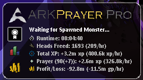 ARKPrayer Pro — 8 hour run, 90 Prayer, 1,689 ensouled heads, 400k XP/hour
