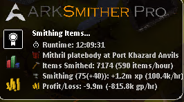 ARKSmither Pro — 12 hour run, Mithril platebodies at Port Khazard, 75 Smithing, 7,174 items smithed