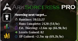 ARKSorceress Pro — 39 hour run, 2,120 runs complete, +25 Thieving levels gained