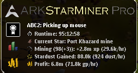 ARKStarMiner Pro — 95 hour run, 98 Mining, 88k Stardust, 6.8m profit