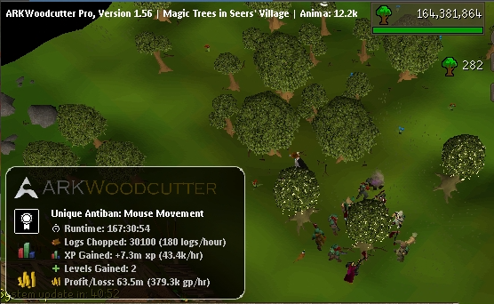 ARKWoodcutter Pro at Magic Trees, Seers' Village — 167 hour run, 30,100 logs, 63.5m profit