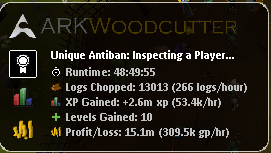 ARKWoodcutter Pro — 48 hour run, 13,013 logs, 15.1m profit